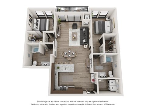 Floor plan for 2 beds, 2 baths, 1155 sqft